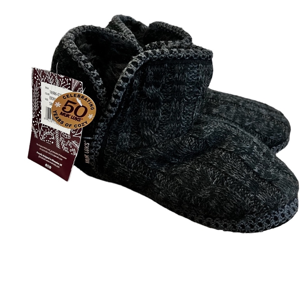 MUK LUKS SLIPPERS CABLE EBONY Dark grey Heather  house shoes Size 5-6 Small‎ NWT